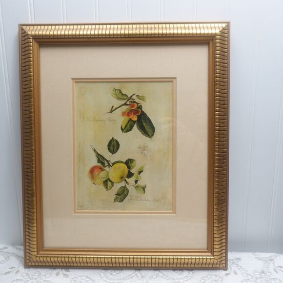 Fabrice de Villeneuve Cherries & Apples Print Matted in Gold Frame